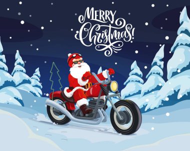 Noel Baba Noel hediyelerini vermek için motosiklete biniyor.
