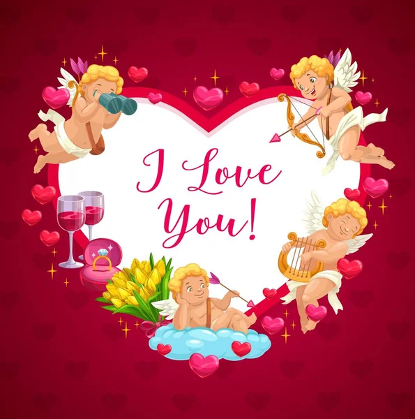 Feliz día de San Valentín cupido ángeles marco del corazón — Vector de stock