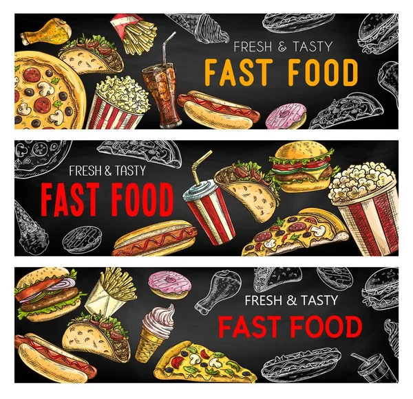 Menu de comida rápida, hambúrgueres de fast food e sanduíches — Vetor de Stock