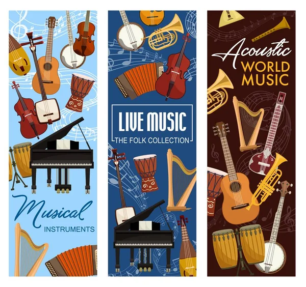 Live and folk music instruments, acoustic sound — Stock Vector