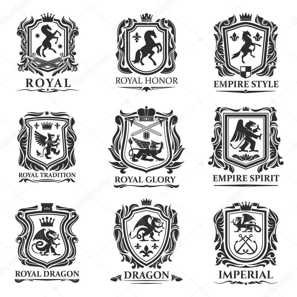 Heraldic animals, royal heraldry shields with dragons and Medieval creatures. Vector Pegasus horse and lion, imperial crown and heraldic fleur de lis coat of arms and emblems, gryphon or griffin eagle