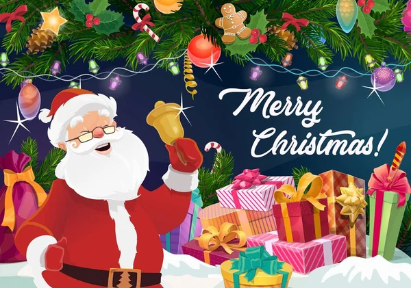Санта с рождественским звонком, Рождеством и новогодними подарками — стоковый вектор