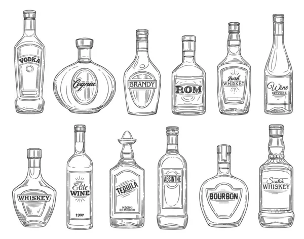 Bebidas e bebidas alcoólicas, garrafas de esboço — Vetor de Stock