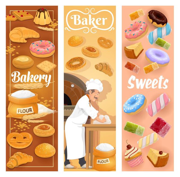 Bakery shop bread and pastry cakes, baker work
