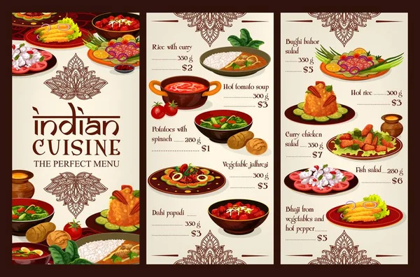Menu de cozinha indiana, restaurante asiático preço da comida — Vetor de Stock