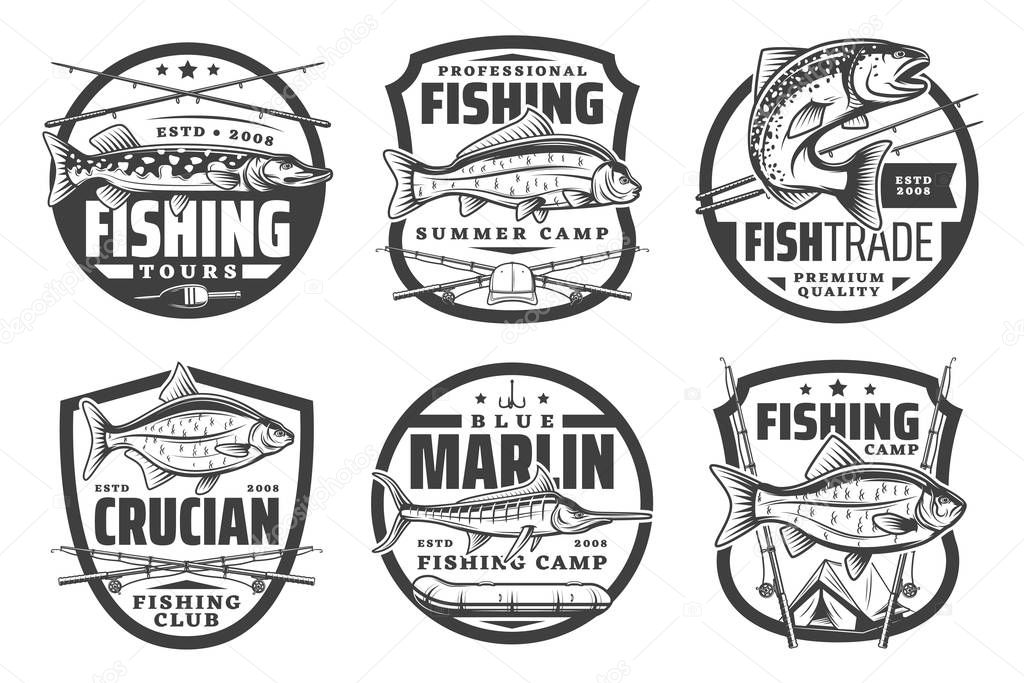 Fishing club, fisherman summer camp and big fish catch tours icons. Vector fishing tournament badges, fisher equipment tackles, rods and lures for sea tuna, salmon or marlin and river pike