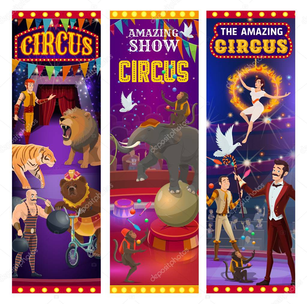 Retro big top circus show, animals and tamers