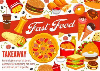 Fast food aperatifleri, pizza ve hamburger servis menüsü.