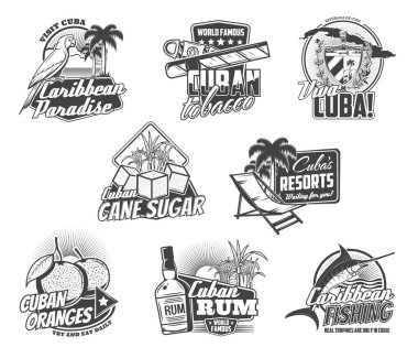 Cuba travel landmarks, tobacco, food and drinks clipart