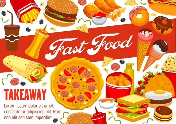 Fast Food Snacks, Pizza und Burger zum Mitnehmen — Stockvektor