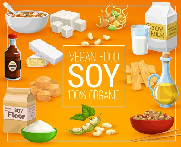 Alimentos vegan, 100 por cento de produtos naturais de soja —  Vetores de Stock