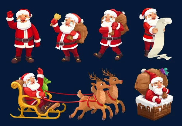 Santa with gift bag, bell, reindeer sleigh icons — Stock Vector