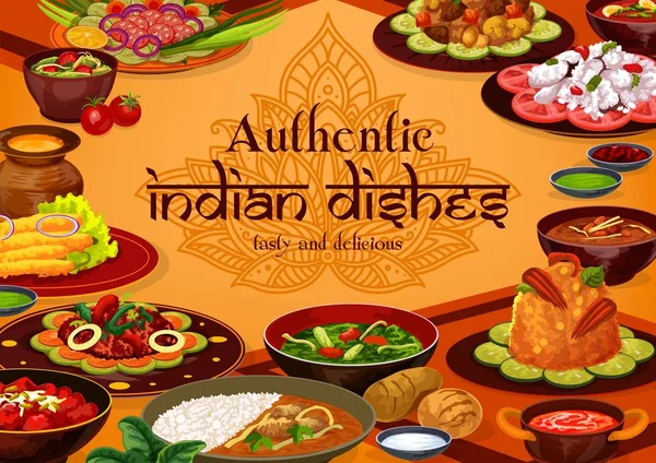 Αυθεντικά ινδικά πιάτα, παραδοσιακά φαγητά — Διανυσματικό Αρχείο