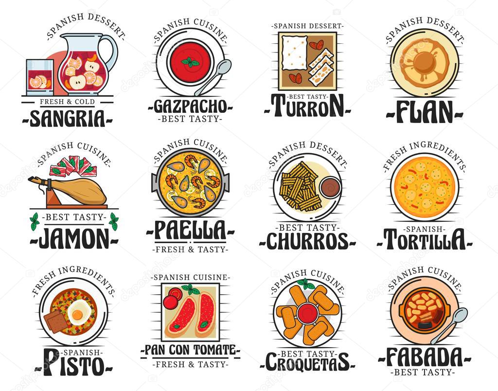 Spanish cuisine food, traditional snacks and desserts, restaurant cafe menu dishes. Vector Spain authentic cuisine jamon, paella and gazpacho soup, turron dessert and croquetas, tortilla and churros