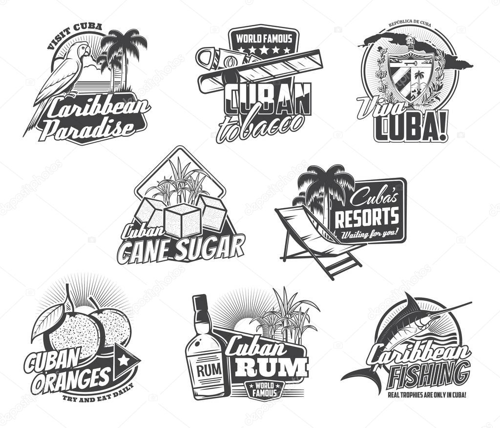 Cuba Havana travel, Caribbean holidays paradise and Cuban cigar icons. Vector Viva Cuba sign with map and flag, sea fishing tours, rum cocktail and tropical hotel resort, oranges and cane sugar