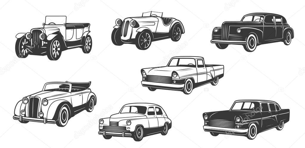 Retro cars, vintage motors and auto vehicle icons