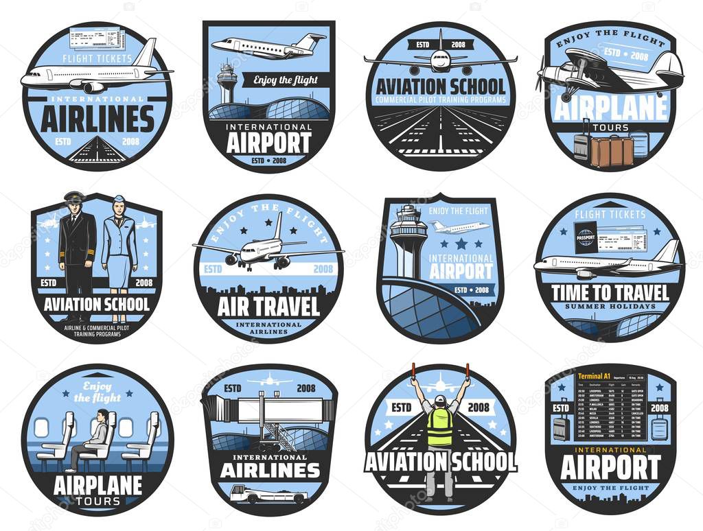 Aviation icons, pilot school and flight attendant service. Vector international flights travel, airport departure and arrival schedule, civil aviation profession, airport and airplane crew symbols