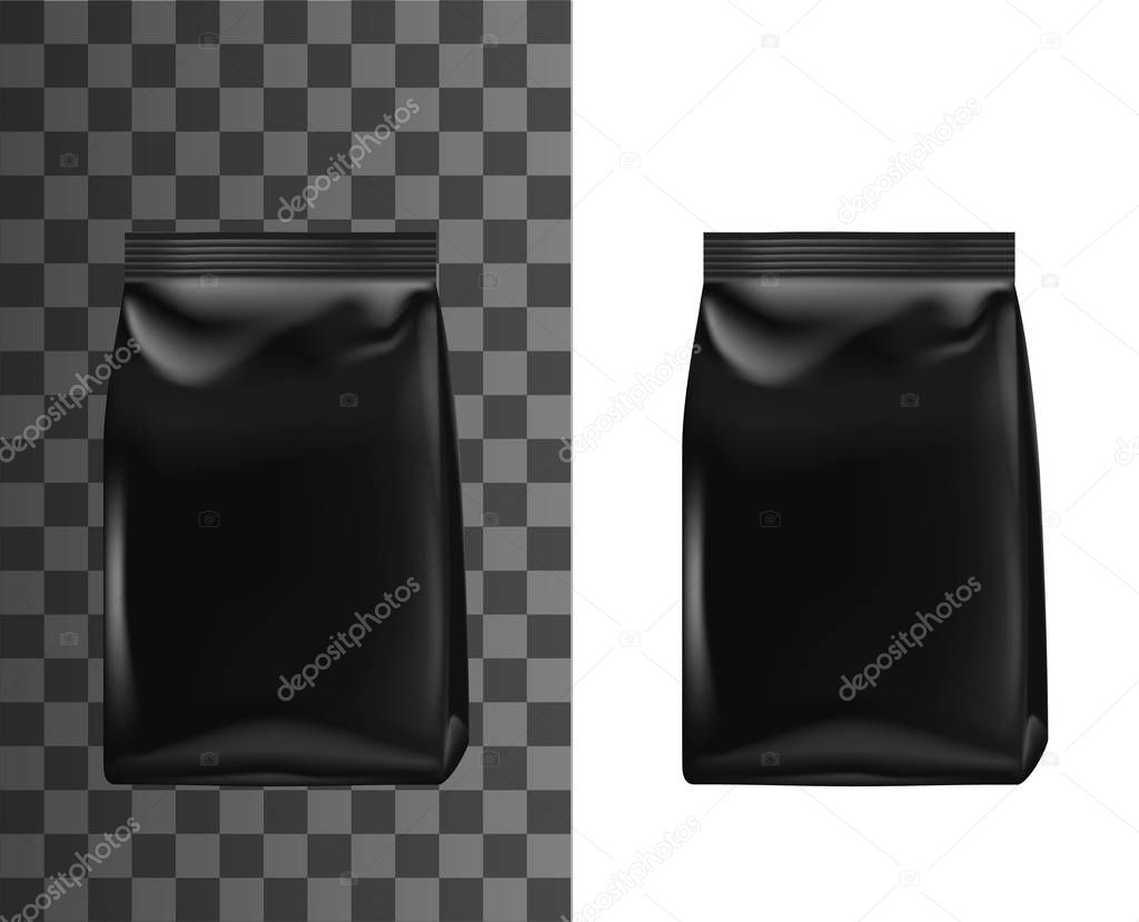 Realistic black plastic bag, doy pack mockup