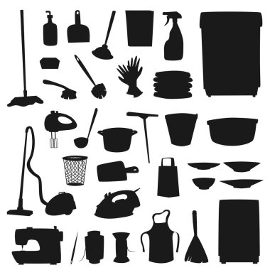 Kitchen utensils, household. Washing, sewing icons clipart