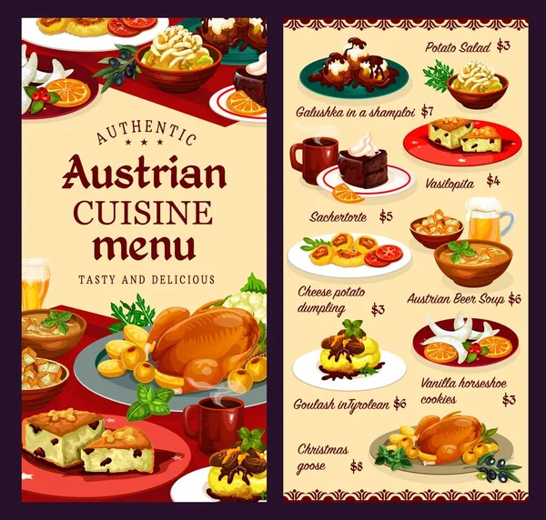 Food, desserts of Austrian cuisine, menu template — Stock Vector