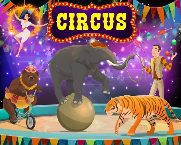 Gran espectáculo de circo. Tamer, animales y gimnasta — Vector de stock