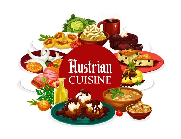 オーストリア料理のフレーム、食べ物、飲み物、デザートメニュー — ストックベクタ