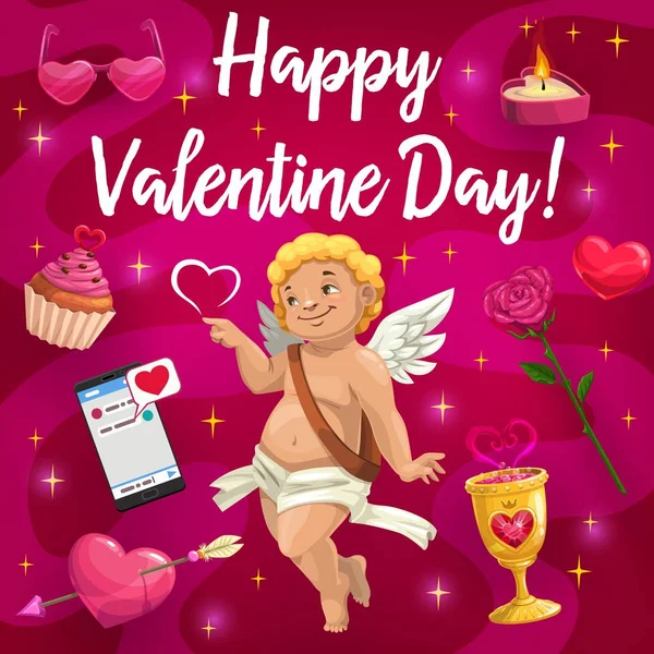 Saint Valentin, ange Cupidon et cœurs d'amour — Image vectorielle
