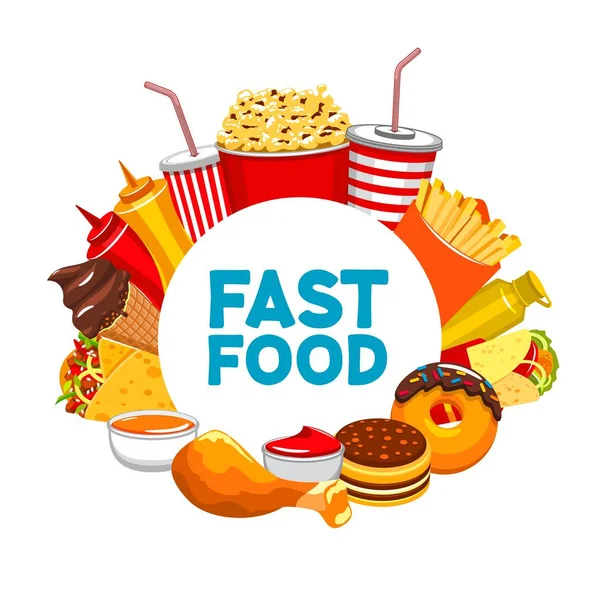 Bannière alimentaire à emporter, pop-corn et soda, fastfood — Image vectorielle