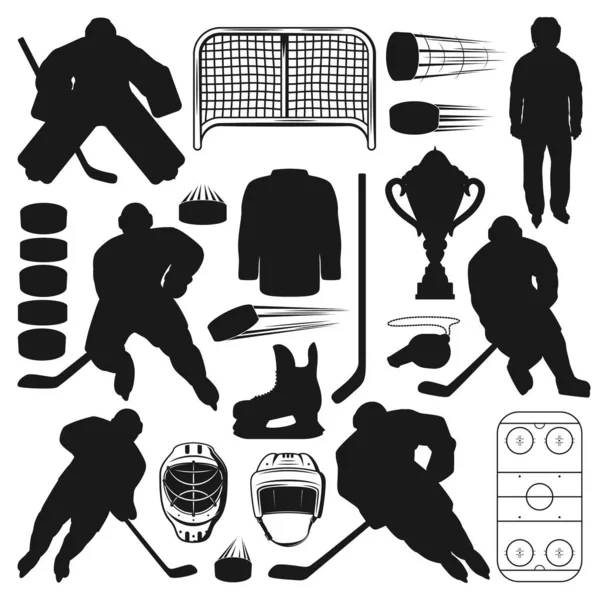 Ice hockey sport icons, game equipment, players — Stock Vector