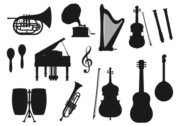 Music tools, trumpet, cello, guitar, piano icons — Stock Vector