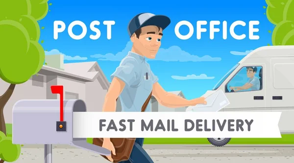 Entrega de correio rápido, carteiro com carta e carro —  Vetores de Stock
