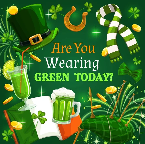 St Patrick Day shamrock, bière verte, drapeau d'Irlande — Image vectorielle