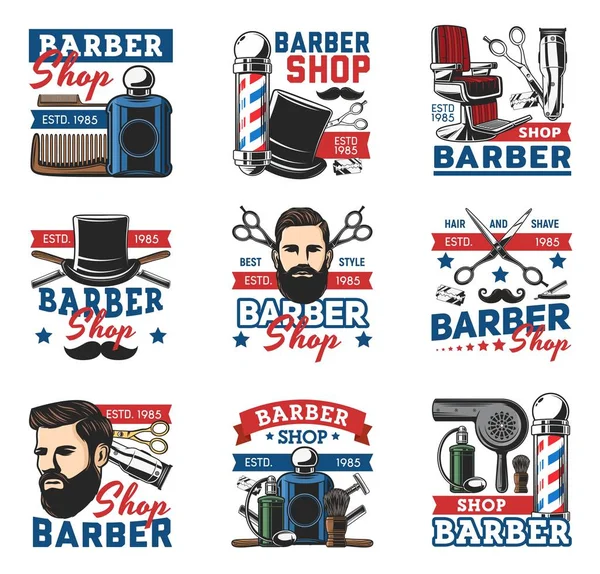 Barbería, barba hipster e iconos de salón de corte de pelo — Archivo Imágenes Vectoriales