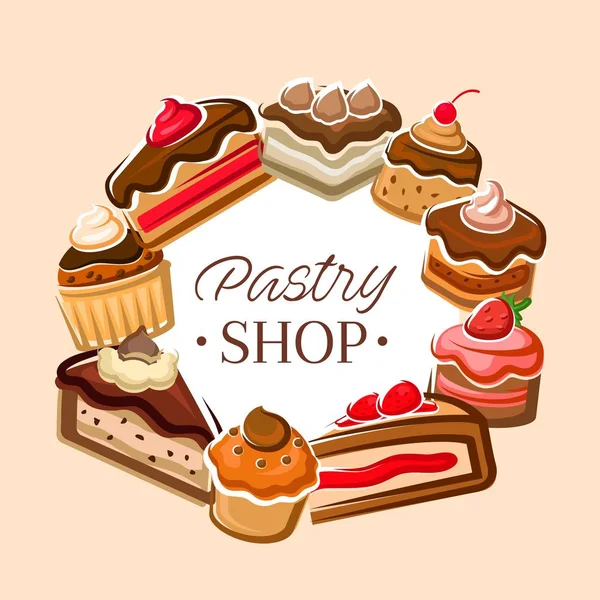 Pasteles y cupcakes, dulces de pastelería, confitería — Archivo Imágenes Vectoriales