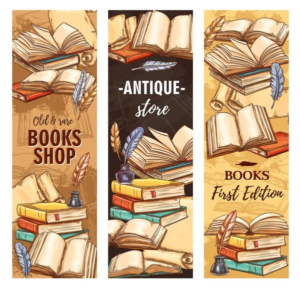 Livre d'antiquités, librairie ou librairie vintage, encre — Image vectorielle