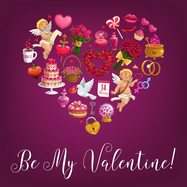 Wees Mijn Valentijn liefdesboodschap citaat in bloemhart — Stockvector