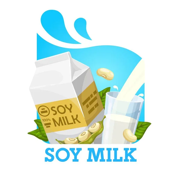 Milk of soya, soybeans and package isolated label — Stock Vector