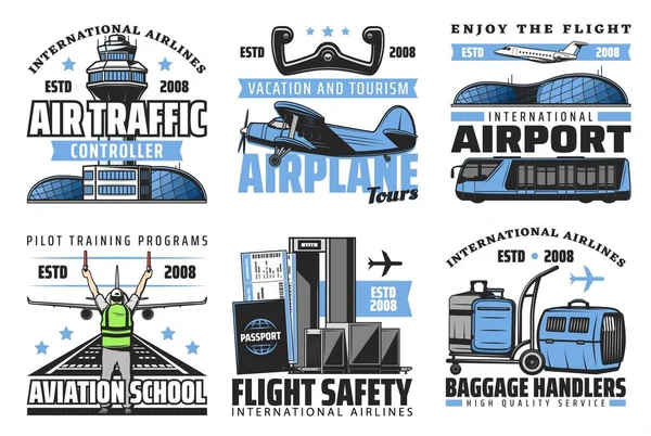 Compagnies aériennes et aéroport, vols de sécurité en avion — Image vectorielle