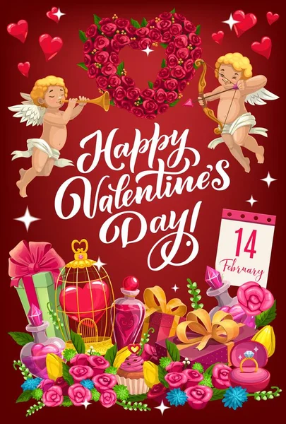 14. Februar Valentinstag Symbole der Liebe Vektor — Stockvektor