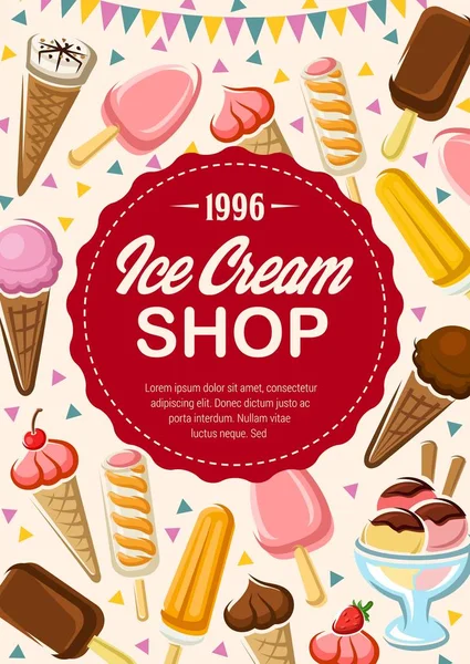 Menu de sorveteria, sobremesas de cones de sorvete —  Vetores de Stock