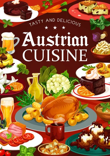 Austrian cuisine food, drinks, desserts and beer — Stock Illustration Austrian cuisine food, drinks, desserts and beer Stock Vector