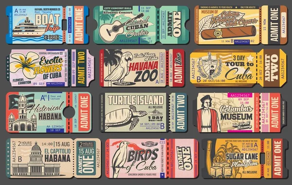 Bilhetes de museu, zoológico, concerto de música. Cuba viagem — Vetor de Stock