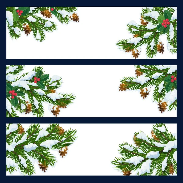 Christmas tree branches in snow, blank banners — Stock Vector