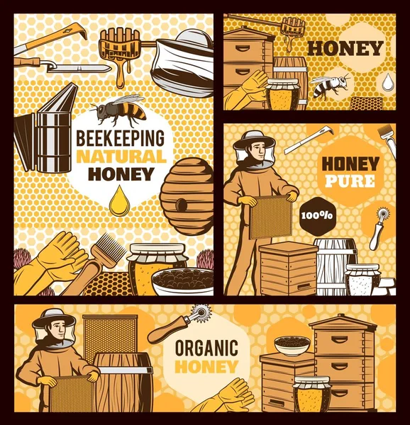 Honey bee, beehives, beekeepers with apiary tools — Stock Vector