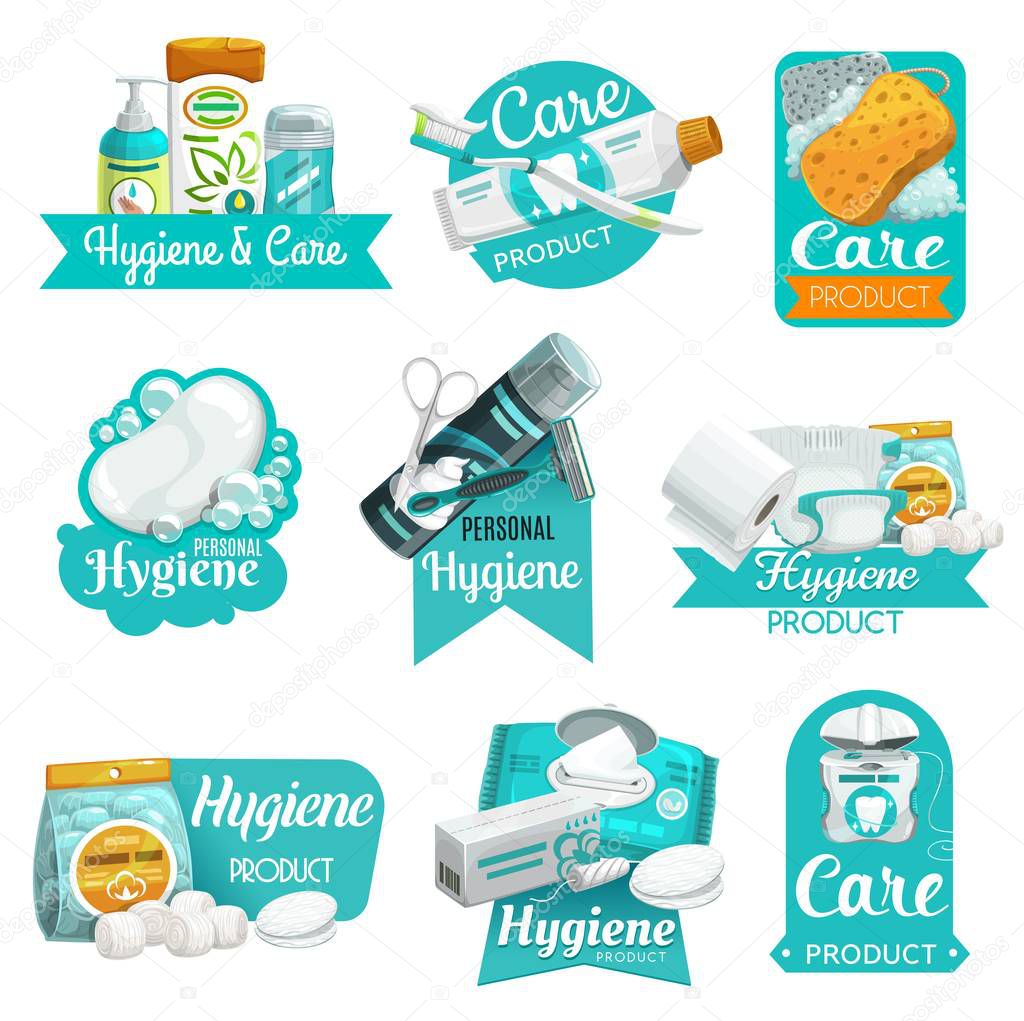 Hygiene and personal care product vector icons. Soap, toothbrush and toothpaste, shampoo, sponge and toilet paper, cotton wool balls and pads, shaver, shaving foam and wet wipe, floss, tampon, diaper