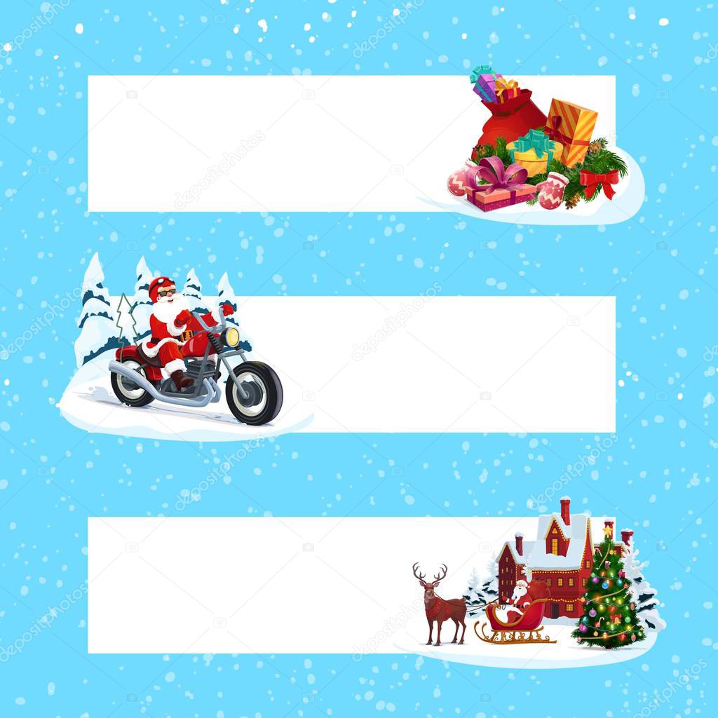 Christmas tree, gift, Santa and deer. Xmas banners