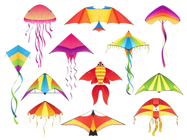 Flying paper kites, kitesurfing hobby icons — Stock Vector
