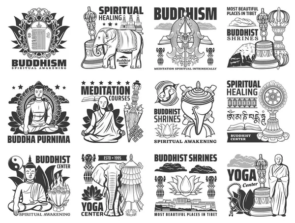 Buddhism religion, yoga, Buddha meditation icons — Stock Vector