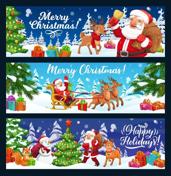 Christmas tree, gifts and Santa on reindeer sleigh — Stock Vector