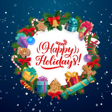 Noel ağacı çerçevesi Noel hediyeleri, çan, şeker